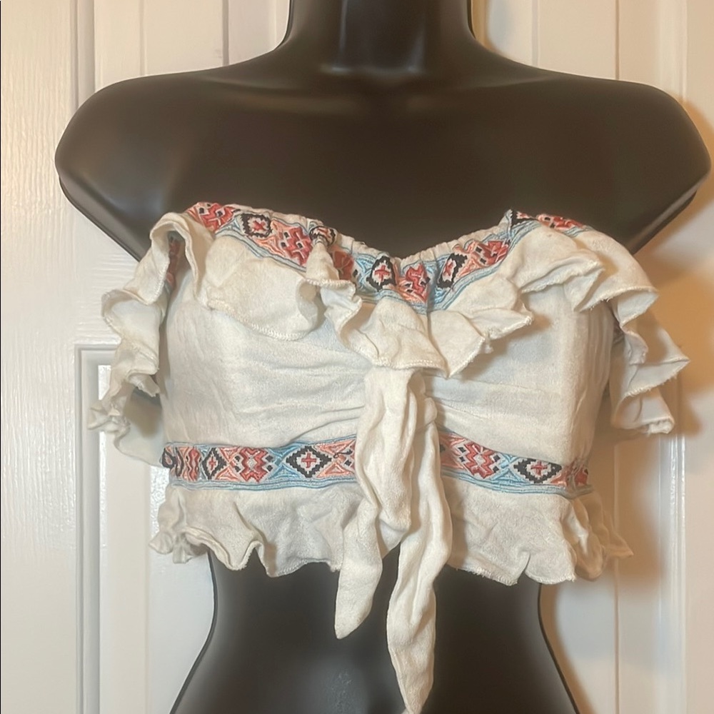 Tularosa Cream Ruffled Crop Top with Embroidery